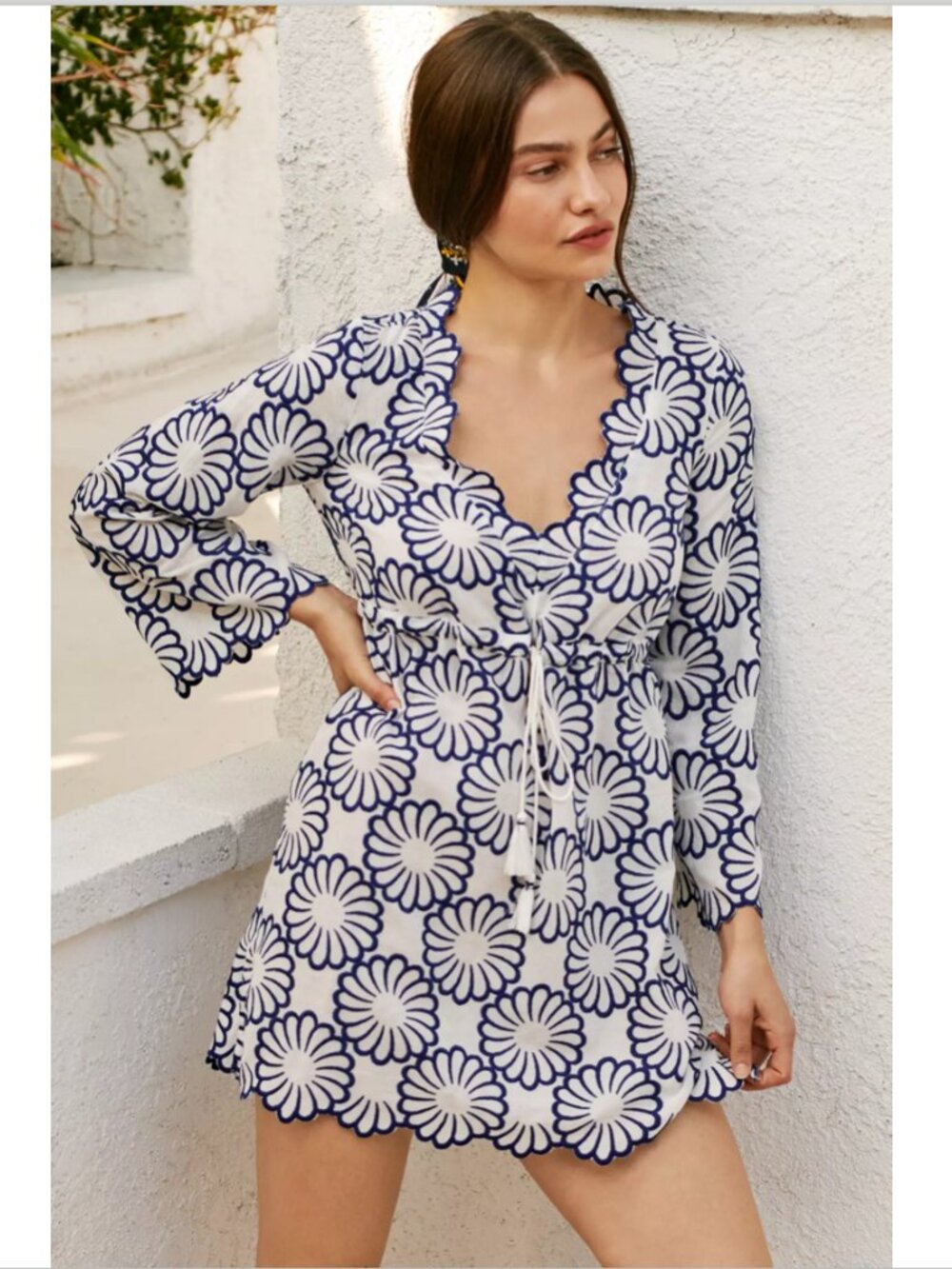 Anthropologie Scallop-Edge Dress / Coverup Embroidered Blue Floral EUC - XS